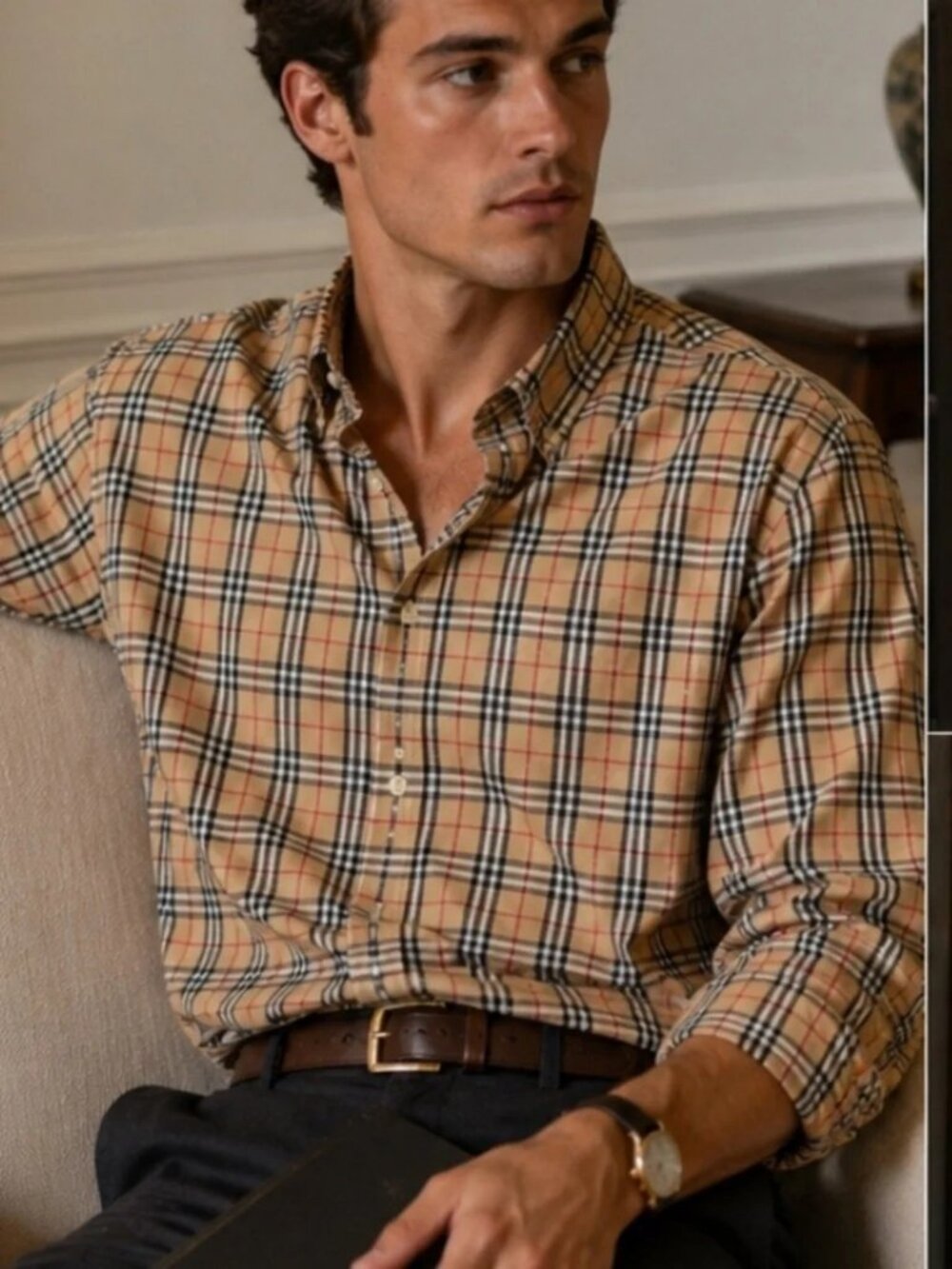 Burberry London Men's Beige Nova Check Plaid Long Sleeve Button Down Shirt